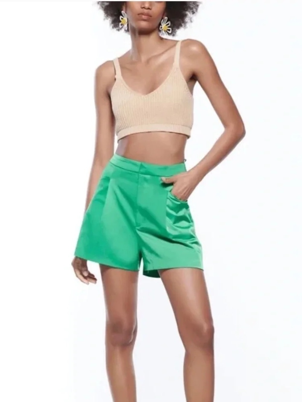 Zara Green Satin Pleated Shorts Small